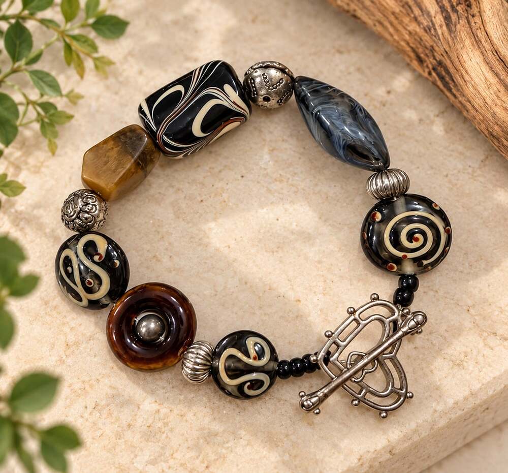 Art Glass And Stone Toggle Bracelet